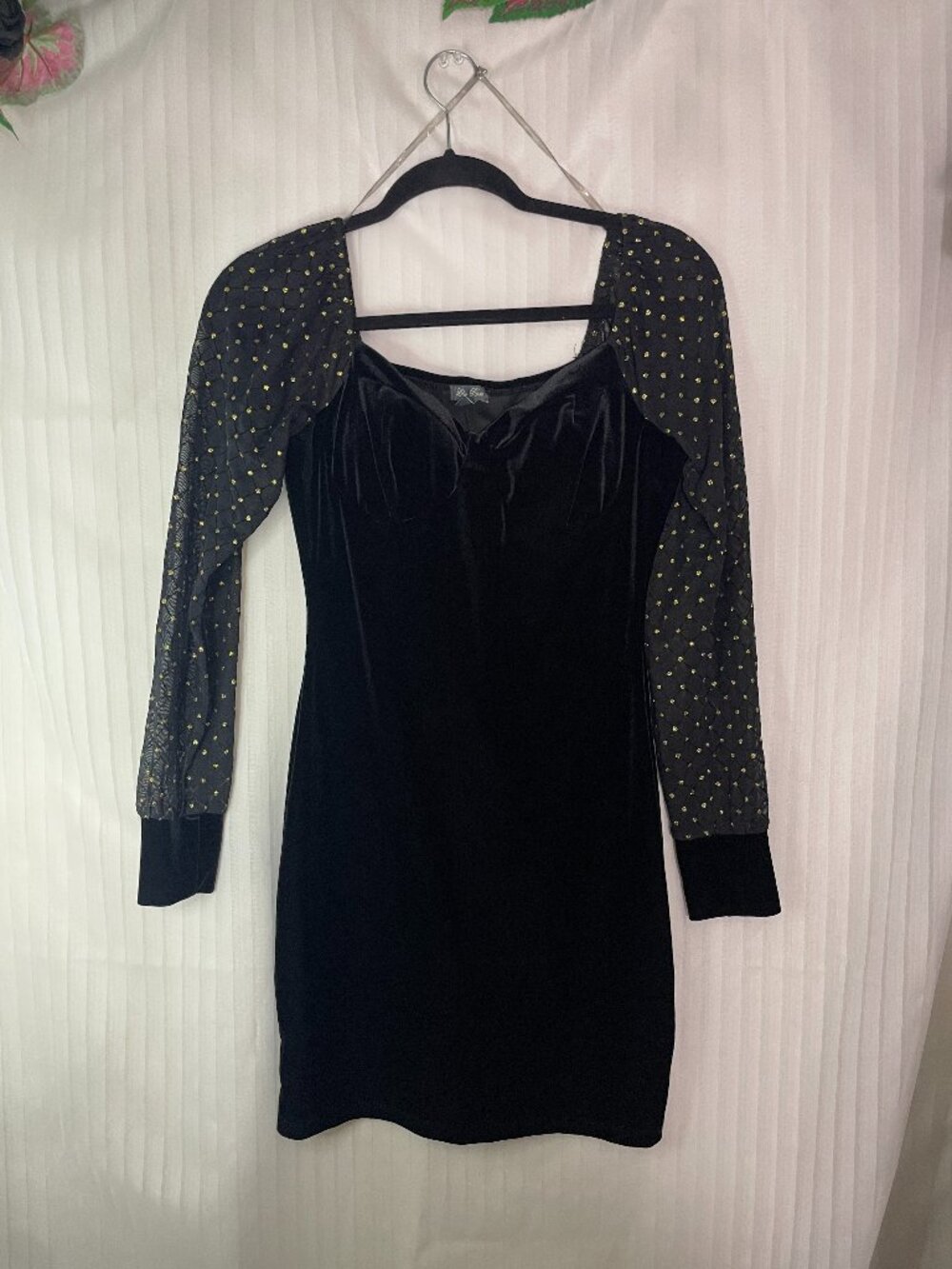 Lily Rose Women's Black Velvet Mini Dress Mesh Gold Dot Long Sleeve Size M